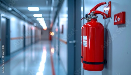 Red Fire Extinguisher Mounted on Wall in Long Corridor