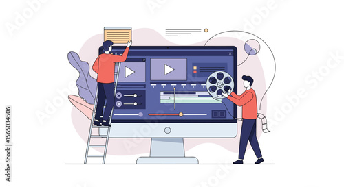 Creative Professionals Editing Digital Footage on a Computer Screen With a Play Button and Film Reel