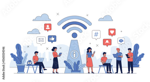 People gather around a central tower broadcasting connectivity and social media signals across a cityscape
