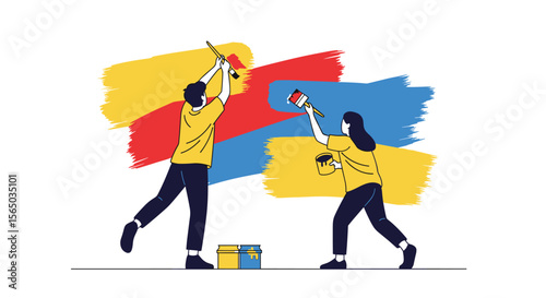 Creative Individuals Applying Vibrant Colors to a Large Canvas with Brushes and Paint