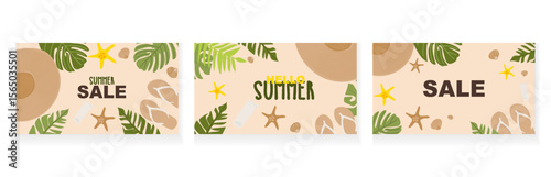 Beach Summer Sale and Hello Banners with Tropical Leaves and Flip Flops
