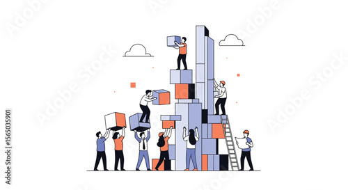 Teamwork Building Tall Structure Together Assembling Blocks Strategically for Success
