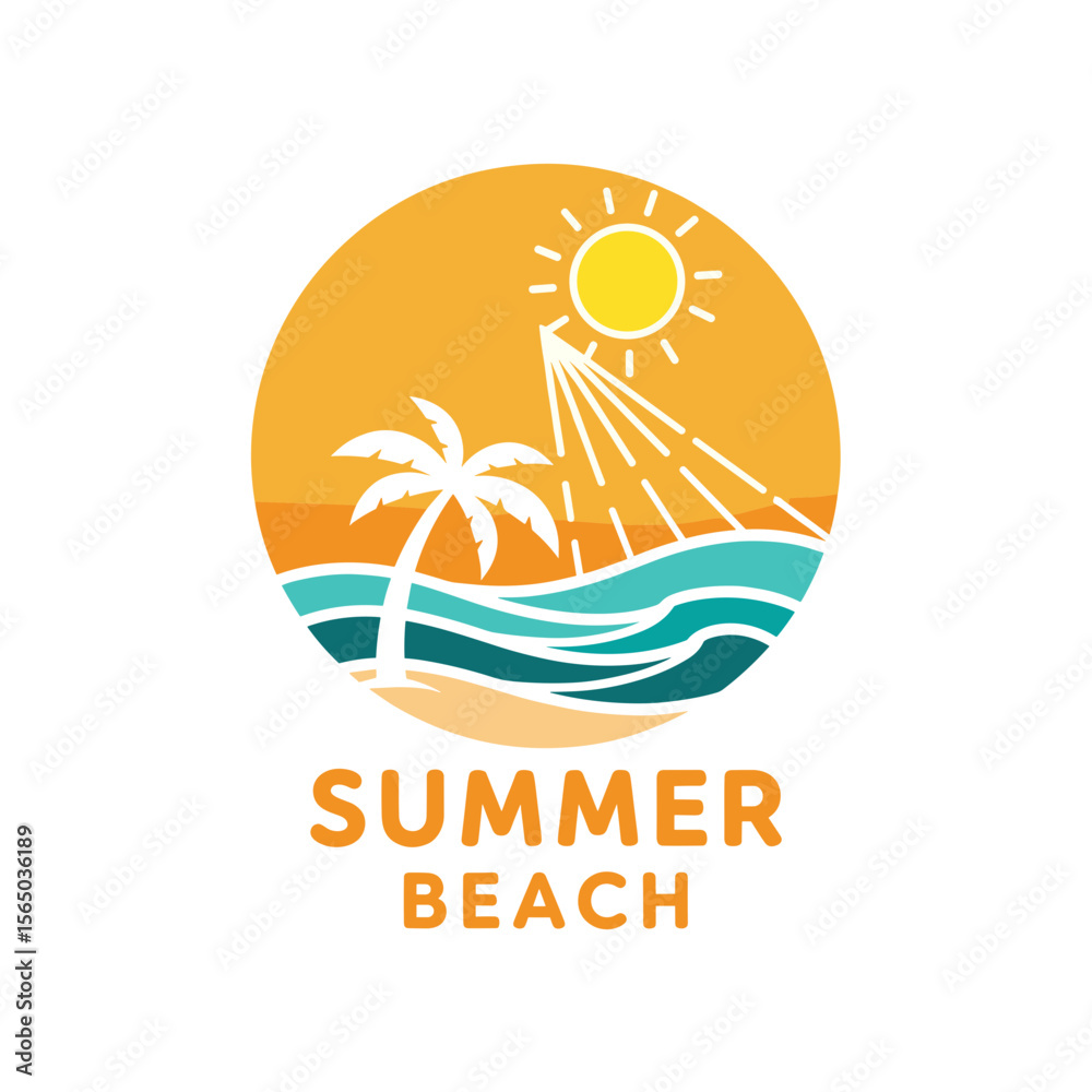 Naklejka premium Vector illustration of a tropical summer beach scene with palm trees and waves, ideal for vacation, travel, and tourism designs