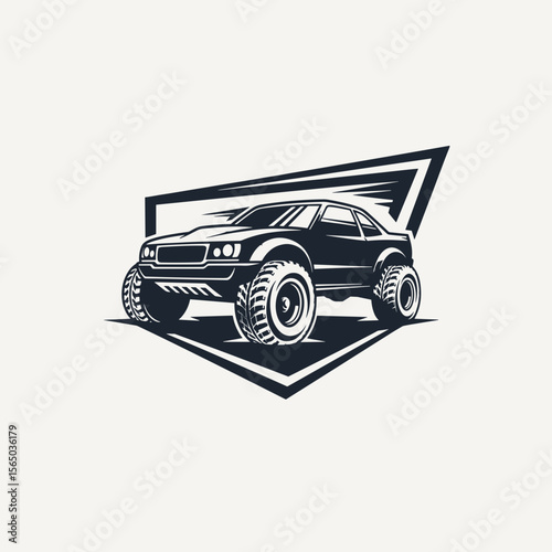Off-road vehicle badge logo with rugged SUV in dynamic triangular frame, perfect for automotive branding and adventure themes