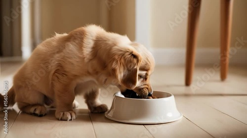 an adorable golden puppy sitting with its eyes closed beside a bowl of kibble on a light wooden floor
