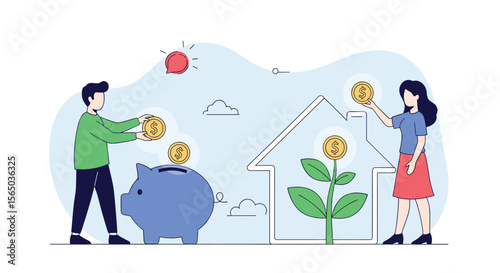 Two people are depositing coins into a piggy bank while a plant grows beside a rising graph indicating financial growth and prosperity