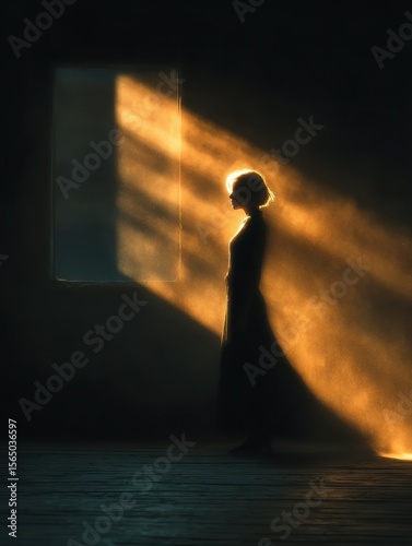 Mystical Silhouette: Woman Bathed in Golden Light Through Dusty Window, Ethereal Scene of Hope, Solitude, and Inner Peace