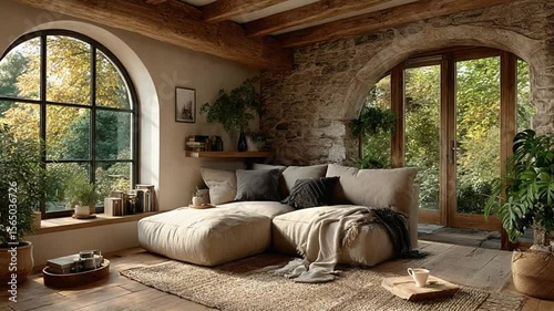Rustic living room interior with stone walls, wooden beams and nature views through large windows