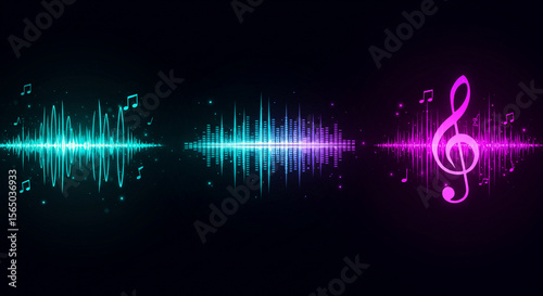 Sound wave visualizer with musical notes and treble clef design  