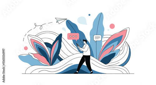 Man Walking Through Abstract Natural Elements Using Mobile Device Sending Messages