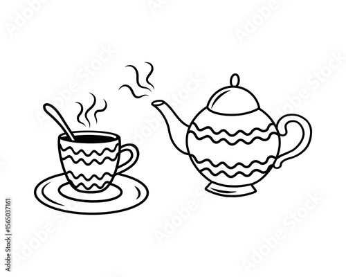 Vector illustration of a cup, saucer and teapot