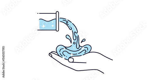 Abstract illustration of a hand catching falling blue liquid from a laboratory beaker showcasing fluid dynamics and scientific experimentation concepts