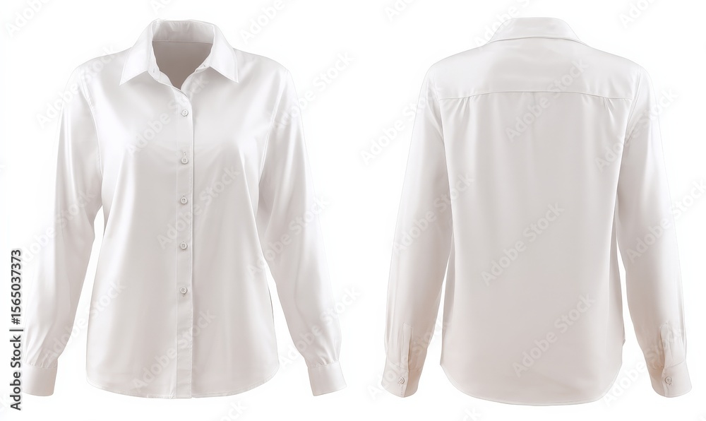 A white long-sleeve female button-up shirt displayed from the front and back view. A white long-sleeve female button-up shirt displayed from the front and back view.
