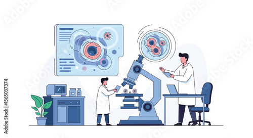 Scientists conduct advanced cellular research using high-tech laboratory equipment and digital analysis tools for groundbreaking discoveries
