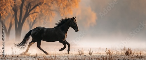 Majestic Black Horse Running Through Misty Autumn Woods