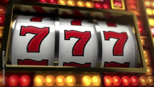 Jackpot slot machine win with spinning reels, coins, and confetti explosion