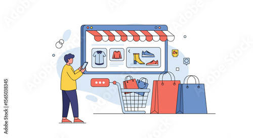 Online shopping experience featuring a customer using a mobile device to browse products in a virtual store with a shopping cart and bags