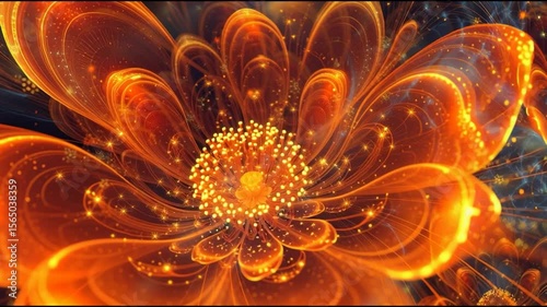 A glowing orange fractal flower blooms with radiant energy, surrounded by intricate swirls of light