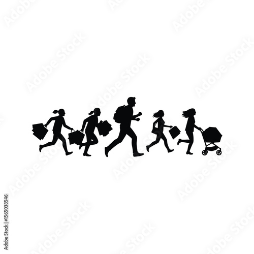 Silhouette of people shopping running with shopping bags family shopping busy shoppers black friday sale retail therapy