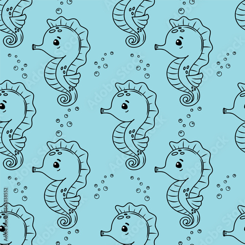 Seamless pattern with seahorses and air bubbles. 