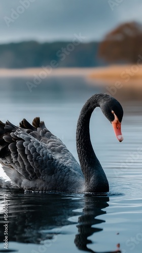 Majestic black swan gliding on tranquil lake