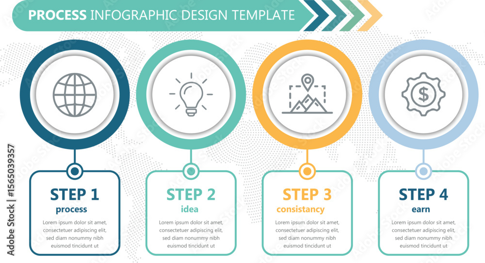 Fototapeta premium Four- Step Process Infographic with Globe Lightbulb Mountains and Dollar Sign Icons on White