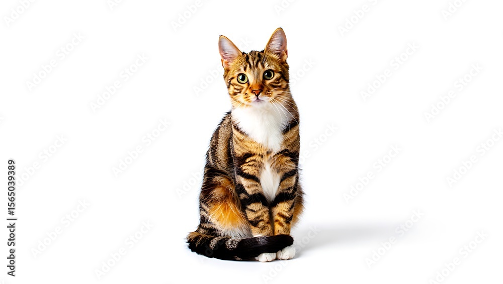 Obraz premium A tabby cat sitting upright with a white background looking directly at the camera with bright eyes