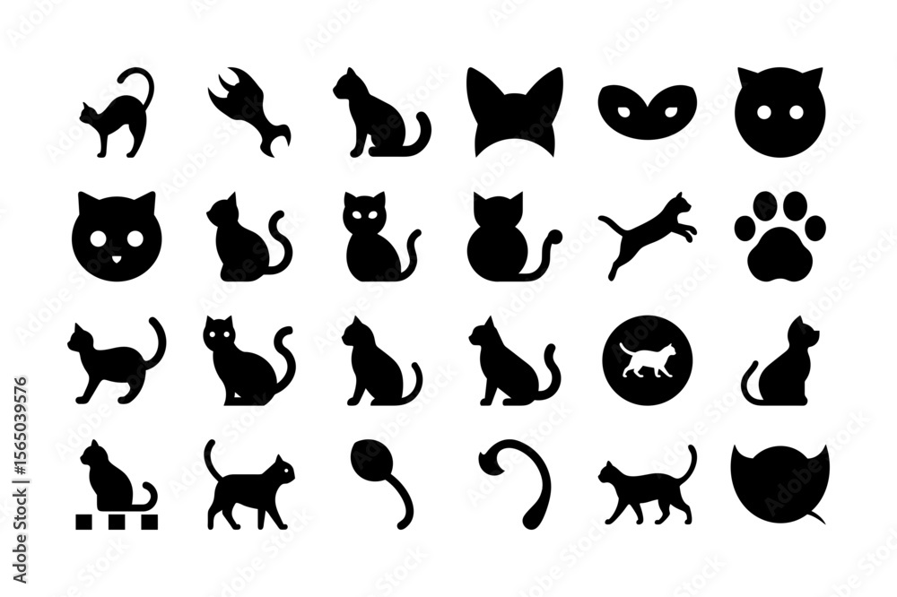 Fototapeta premium Halloween black cat solid color fill icon bundle 