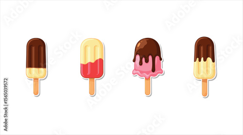 Tasty ice cream icons in chocolate, vanilla, and strawberry flavors with cones, cups, and popsicles.

