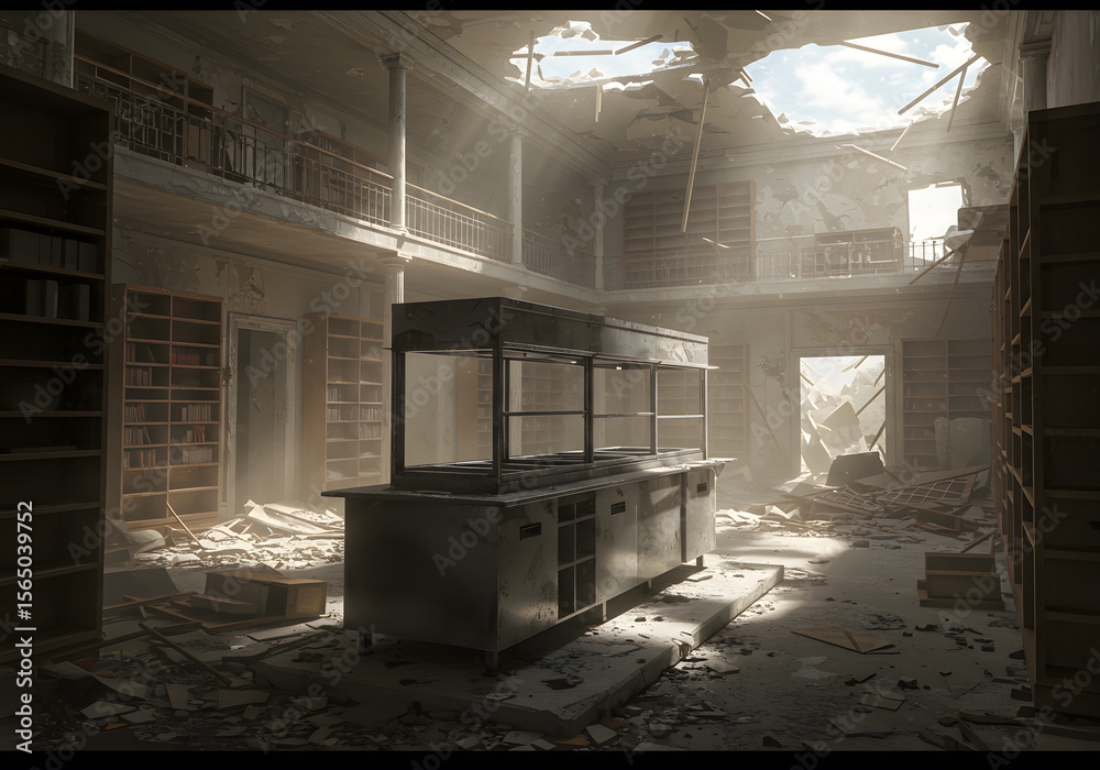Obraz premium Damaged library interior with sunlight