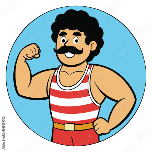 Strongman Flexing in a Retro Circus Style