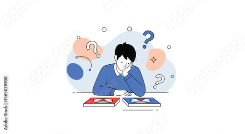 A thoughtful young person contemplates complex problems and seeks clarity amidst confusing choices with question marks floating around their head