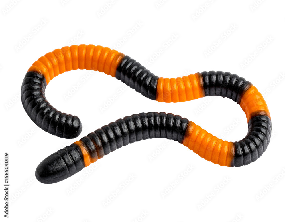 Naklejka premium Candy for Halloween, orange and black striped gummy worm isolated on white background.