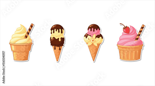Colorful collection of ice cream illustrations featuring popsicles and scoops in different flavors.

