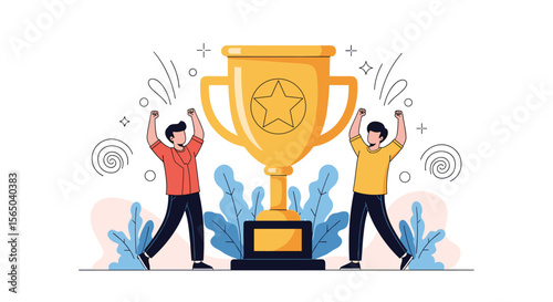 Two Athletes Celebrate Winning a Large Golden Trophy Surrounded by Abstract Plants and Sparkles