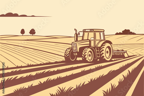 Tractor working on dry farmland with crop rows and clear countryside sky