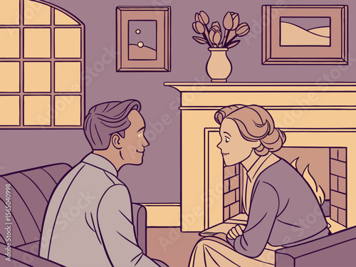A man and a woman are having a heartfelt conversation by the fireplace