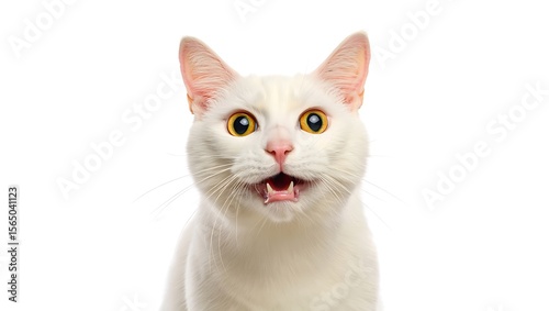 Close up of a white cat with yellow eyes and mouth open on a white background looking at the camera