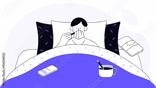Sick Person Resting in Bed with Thermometer and Blanket Vector Illustration
Illness and Recovery Concept with Patient Lying on Bed Vector Artwork