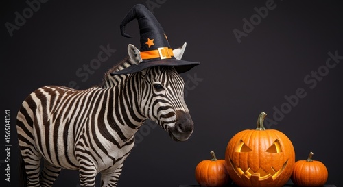 Zebra in Witch Hat with Pumpkins - A zebra wearing a witch's hat looks at jack-o'-lanterns. Halloween theme