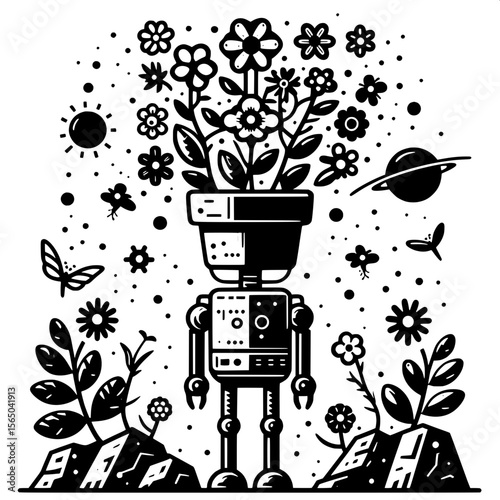 Robot with Flower Pot Head