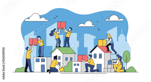 Community construction workers collaborating to build homes and neighborhoods together