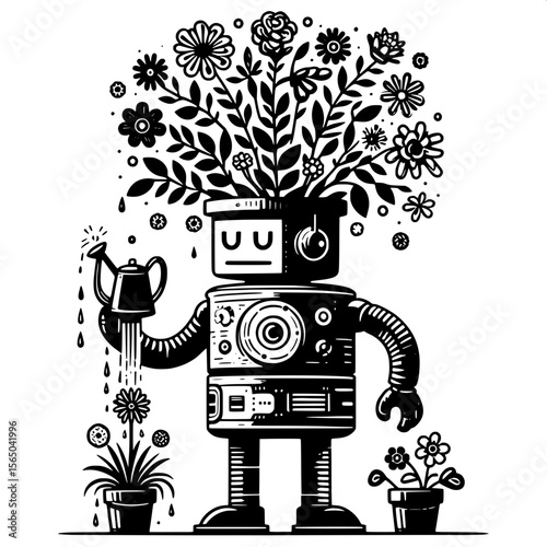 Robot with Flower Pot Head