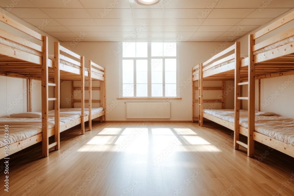Obraz premium Dorm Room Sunlight: Wooden Bunk Beds, Bright Window, Empty, Clean, Minimalist Interior.