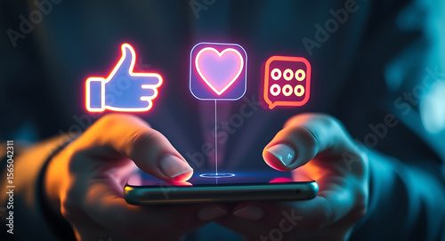 Glowing social media icons hover over hands holding a smartphone thumbs up heart
