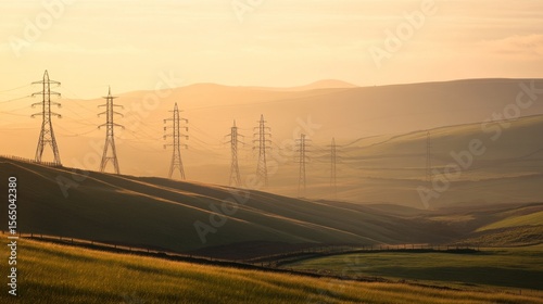 Power lines stretch across rolling hills bathed in golden sunrise light.