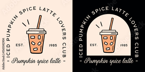 Iced pumpkin spice latte coffee lovers club aesthetic fall season flavor girl funny sticker shirt design logo. Vintage retro fancy autumn cold drink takeaway cup printable illustration poster print.