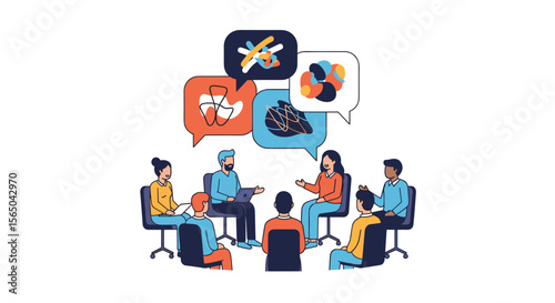 Diverse group of people collaborating and sharing ideas in a dynamic discussion setting fostering innovation