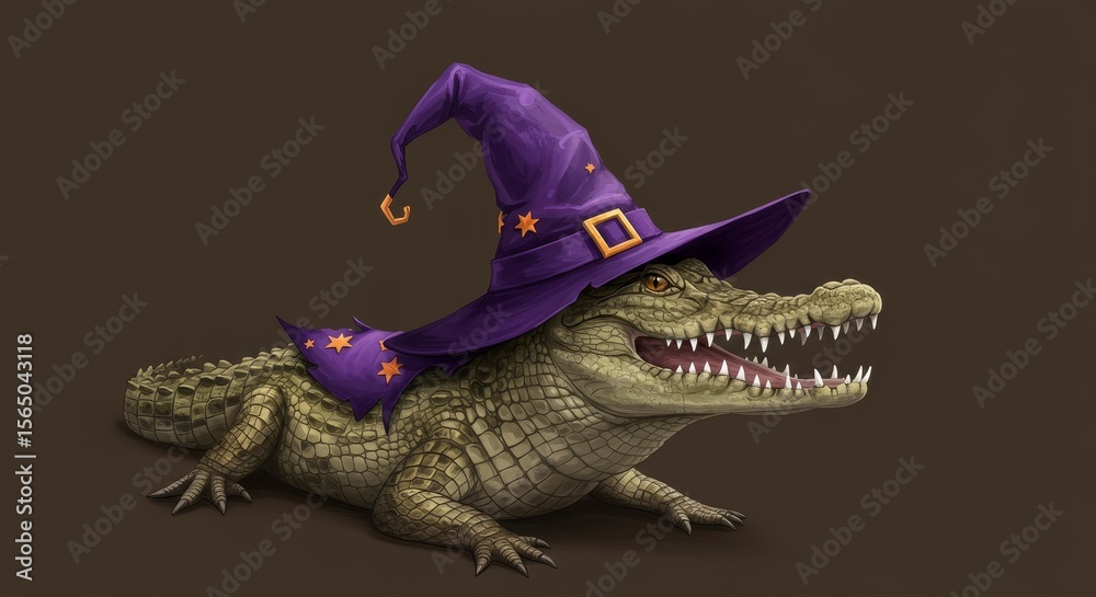 Obraz premium Alligator Wizard Halloween Costume - A cute alligator wearing a purple wizard hat, perfect for Halloween