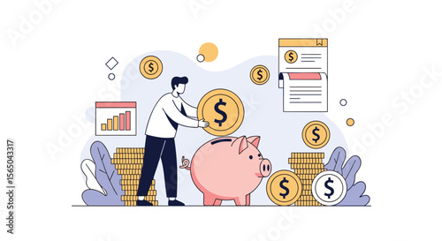 Illustrative representation of a person depositing coins into a piggy bank symbolizing financial growth and savings management for future investment opportunities